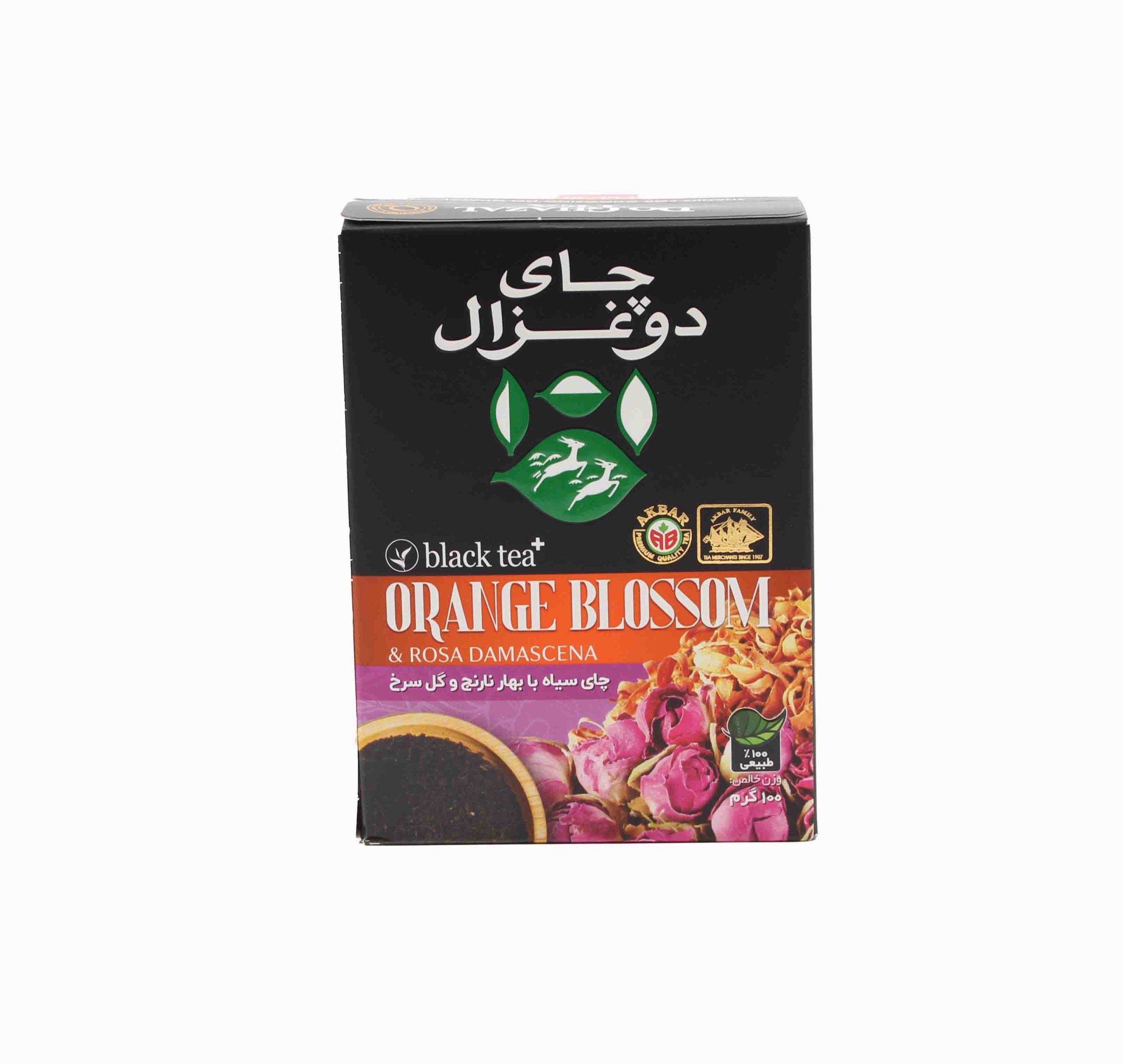 دو غزال چای سیاه بهار نارنج و گل محمدی 100 گرمی
